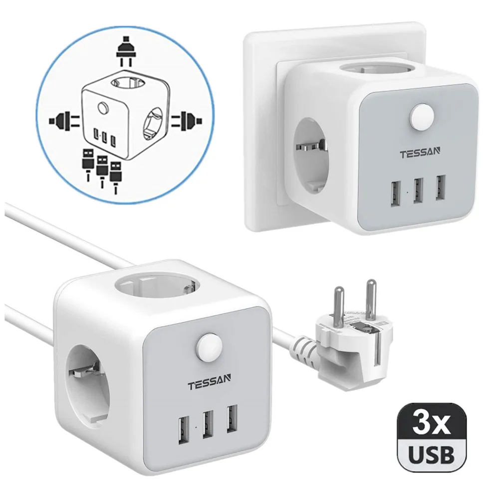 

TESSAN EU Multiple Socket Power Strip With 3 USB Ports 3 EU Outlets Wall Charger Adapter With On/Off Switch Overload Protection