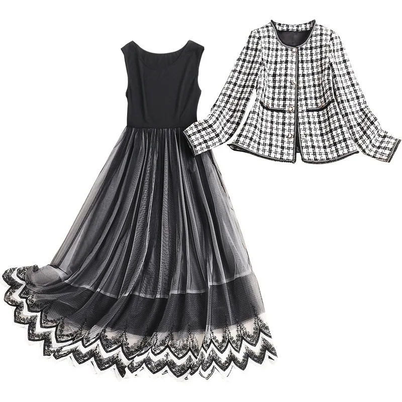 

Breast Street Hidden Tow High Plaid Tweed Jacket + Tank Dress Matching Sets Elegant Design Women 2 Piece Set