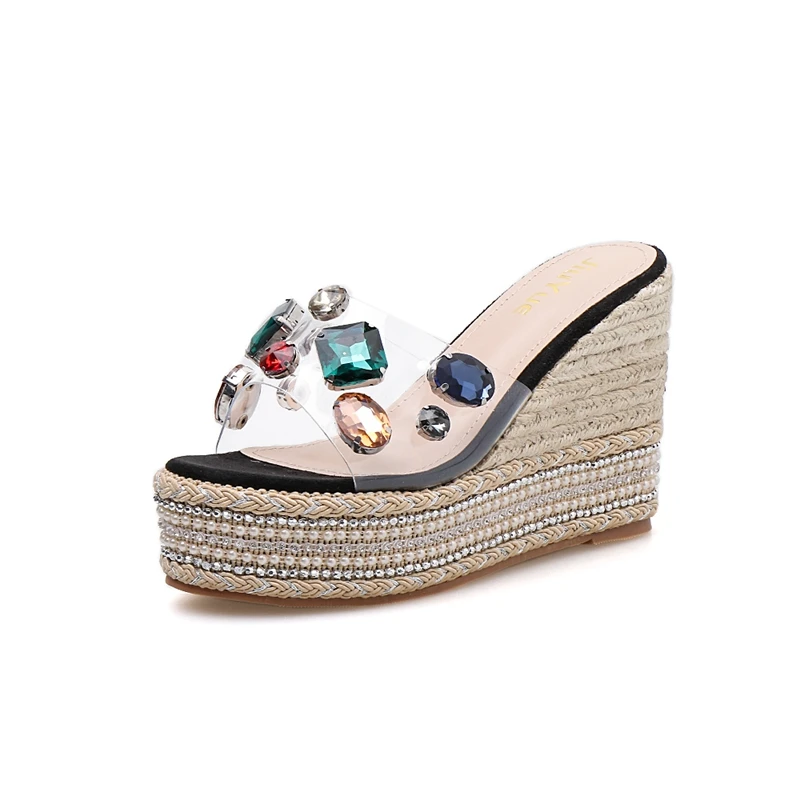 Koovan Women's Slippers Summer Wear Platform 2020 New Trend Crystal Ultra-High Heels Beach Sponge Cake Slanted Heel Shoes