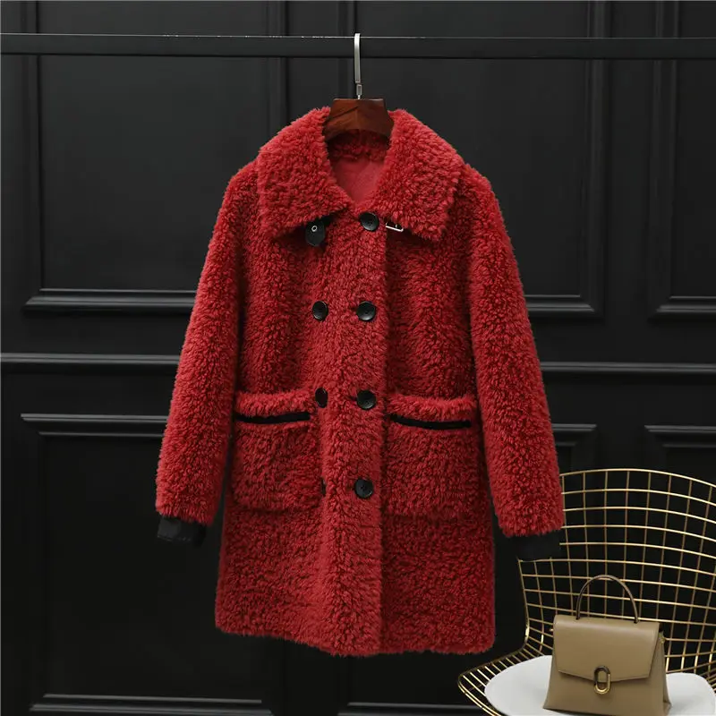 Sheep Shearling Coats Women 2022 Autumn Winter Fur Coat Real Wool Outwear Double Breasted Jackets Casaco Feminino X846 enlarge
