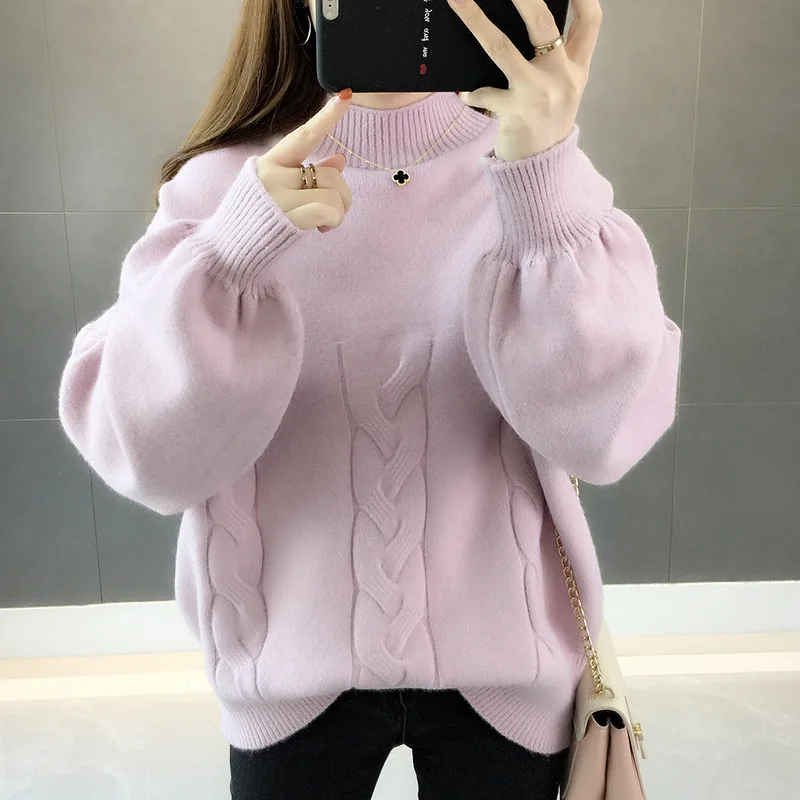 

2020 Autumn Winter Women Sweater Fashion Soild Color Half High Neck Lantern Sleeve Female Casual Loose Pullovers Kintted Tops