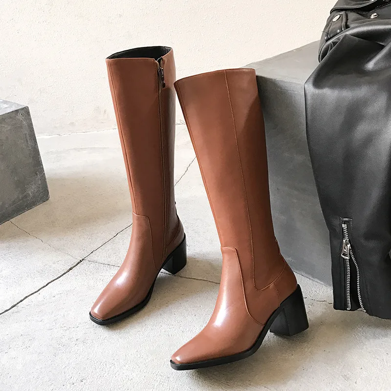 MoonMeek/модные ботинки из натуральной кожи женские сапоги до колена с квадратным