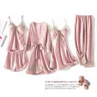 Женский Пижамный костюм из 5 предметов, милый синий пикантный топ с V-образным вырезом на бретельках и брюки, домашняя одежда для отдыха, кружевная отделка