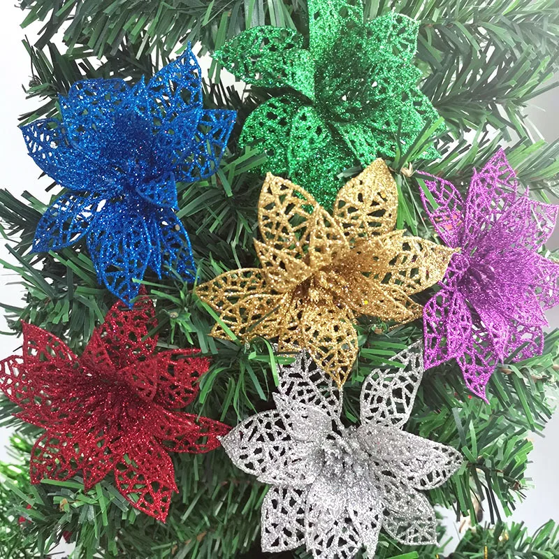 

(6 цветов) Искусственная елка, цветок, блестящие украшения, рождественские украшения ручной работы, Новогодний подарок