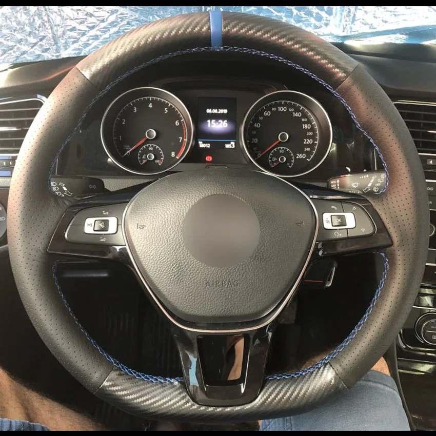 Черная кожаная крышка рулевого колеса из углеродного волокна для Volkswagen VW Golf 7 Mk7 New Polo Jetta Passat B8 Tiguan Sharan - Название цвета: Blue
