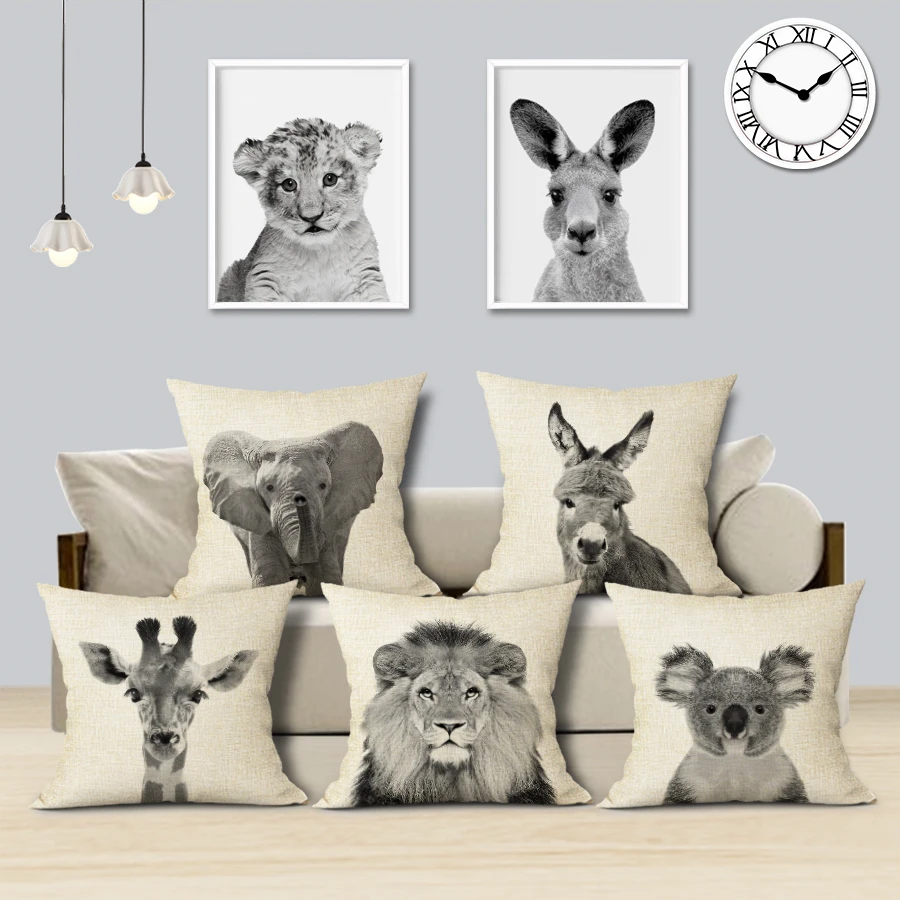 

Cute Animals Cushion Decorative Pillowcase Nordic Black and White Style Cushion Cover Linen Pillow Cover Sofa Car Decoration