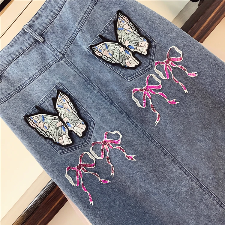 

Plus Size Women Denim Skirt Two piece set 2021 Summer High quality Butterfly Embroidery Tassel Sequined Bow Tshirt + Skirt Suits