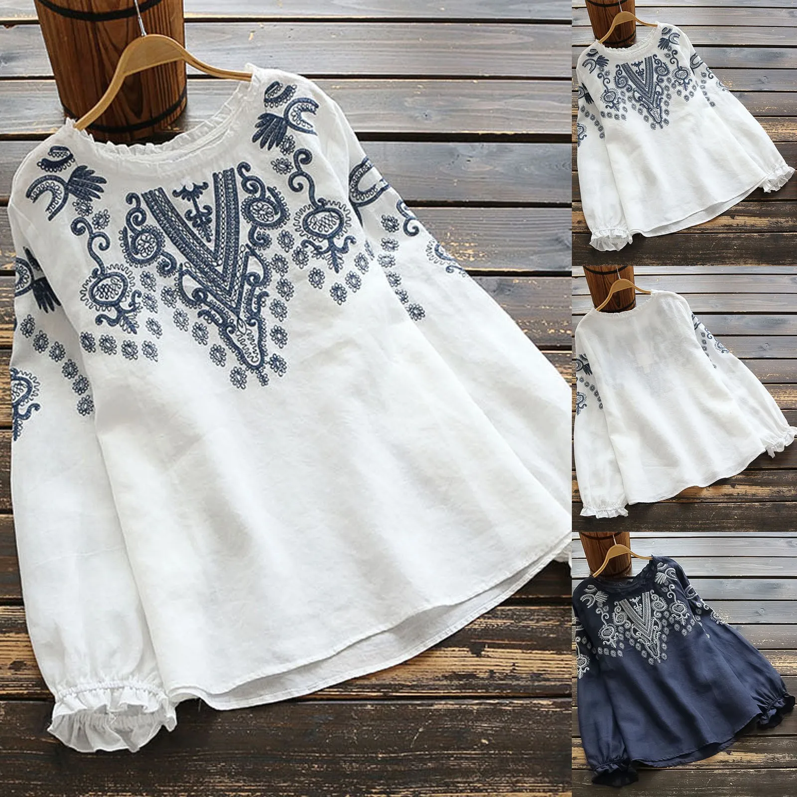 

Fashion Women Casual Blouse Embroidery Prints O-neck Long Sleeve Flared Sleeves Blouses Shirt Female Loose Ruffle Tops Blusas