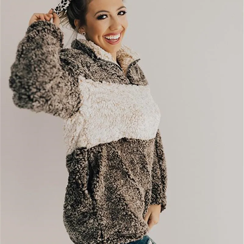 

Winter Womens Tops Fashion Loose Thick Warm Turn-Down Collar Zipper Plush Outwear Casual 2019 New Long Sleeve Striped Print Tops