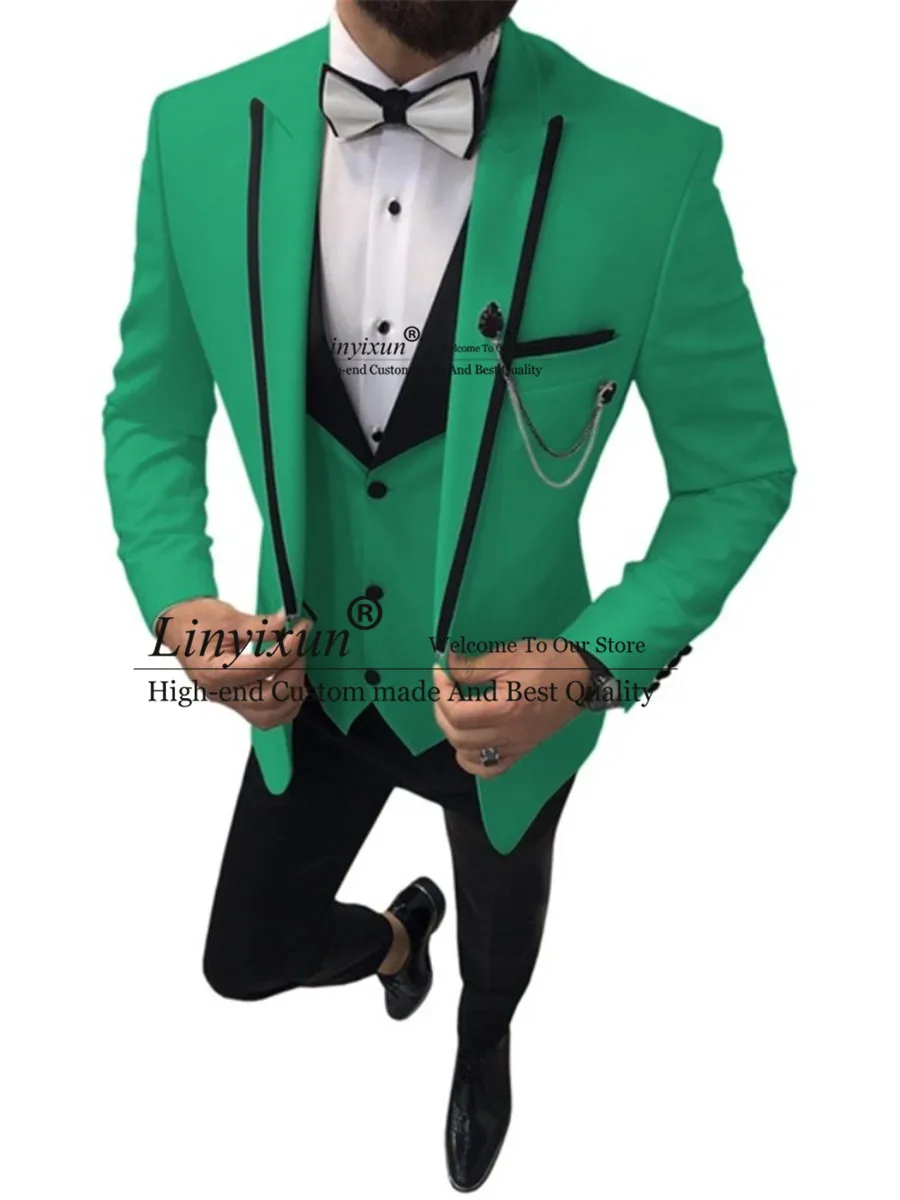 

Green Customize 3 Pieces Peak Lapel Groom Tuxedos Yellow Formal Men Wedding Suits Prom Best Man Blazer (Jacket+Pants+Vest)