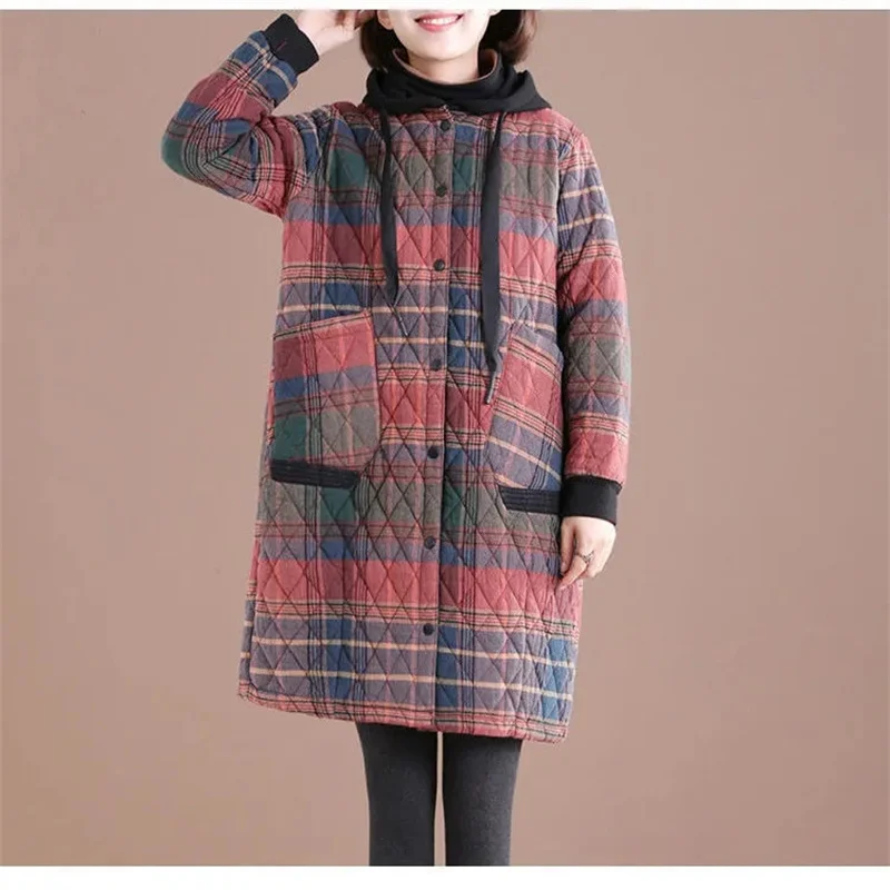 2021 Women Winter Clothing New Korean Loose Cotton Coat Fat MM Was Thin Plaid Hooded Coat Female Mid-length Cotton Jacket A421