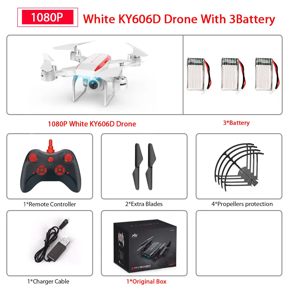 White 1080P 3B KY606D Дрон с FPV wifi 480P 1080P 4K HD Двойная камера или без камеры Квадрокоптер 20 минут время полета мини Дрон VS SG106 E58 Дрон - Цвет: White 1080P 3B