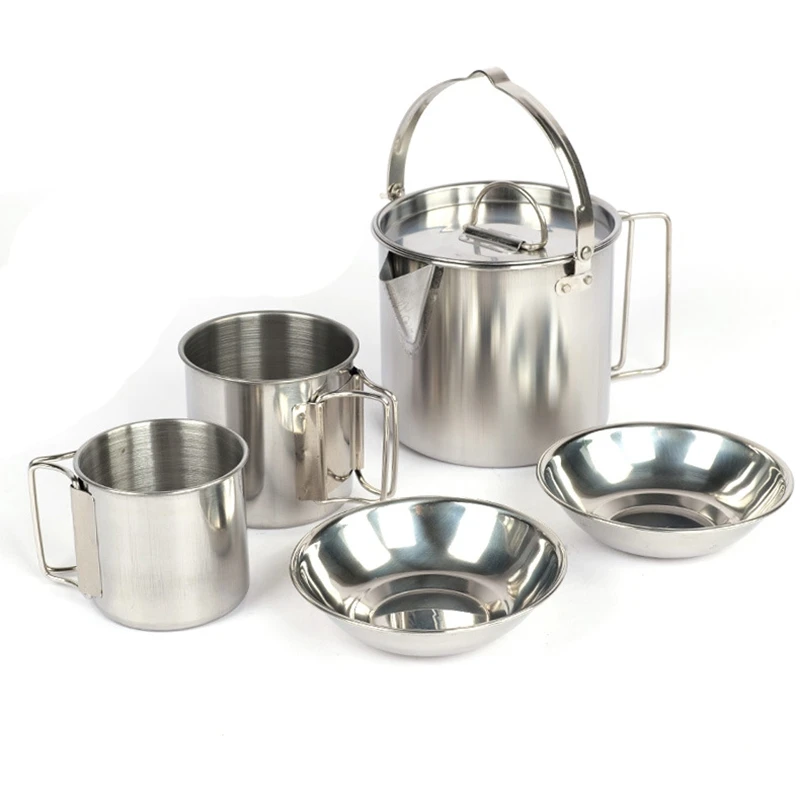 

5Pcs/Set Stainless Steel Cooking Kettle Portable Outdoor Camping Backpacking Pot with Foldable Handle
