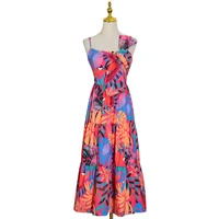 sling midi dresses for women square collar sleeveless high waist female summer asymmetrical print floral dress