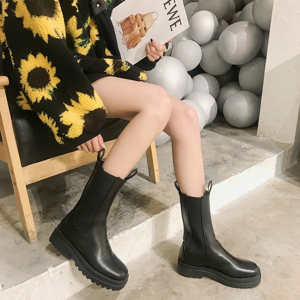 2020 Spring New Black Chelsea Boots Shoes Women Fashion Brand Ladies chunky Ankle Female botas mujer Mid Calf | Обувь