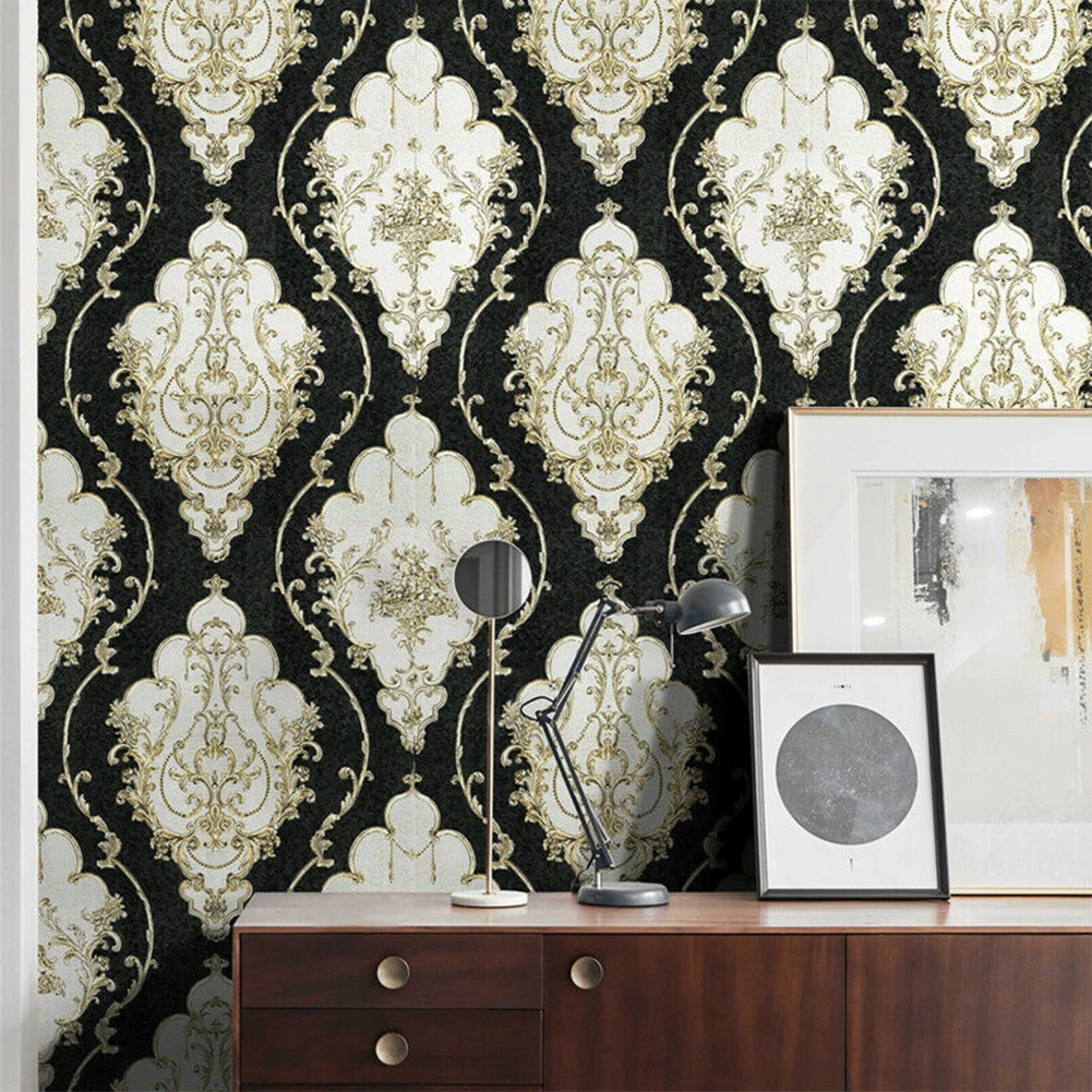 

Black Gold Wall Stickers Damask Waterproof Embossed 1 Roll Home Bedroom