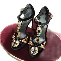 Suede Rhinestone Metal Decoration Pumps Round Toe Gorgeous Spring Black Crystal Embellished T Strap High Heels Female Sandals