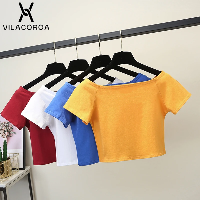 

Летние Базовые Футболки с открытыми плечами, женский летний Повседневный укороченный топ из хлопка с коротким рукавом, Женский Удобный Про...