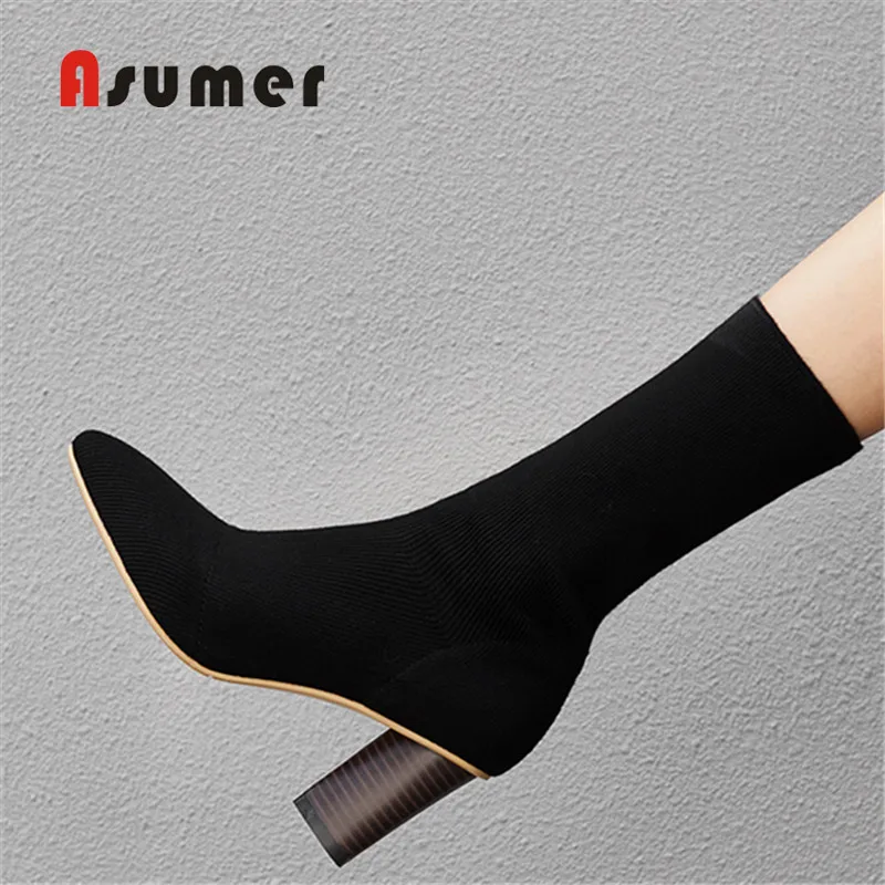 

ASUMER 2022 New high quality women boots thick high heels pointed toe stretch ankle boots ladies shoes party office dress shoes