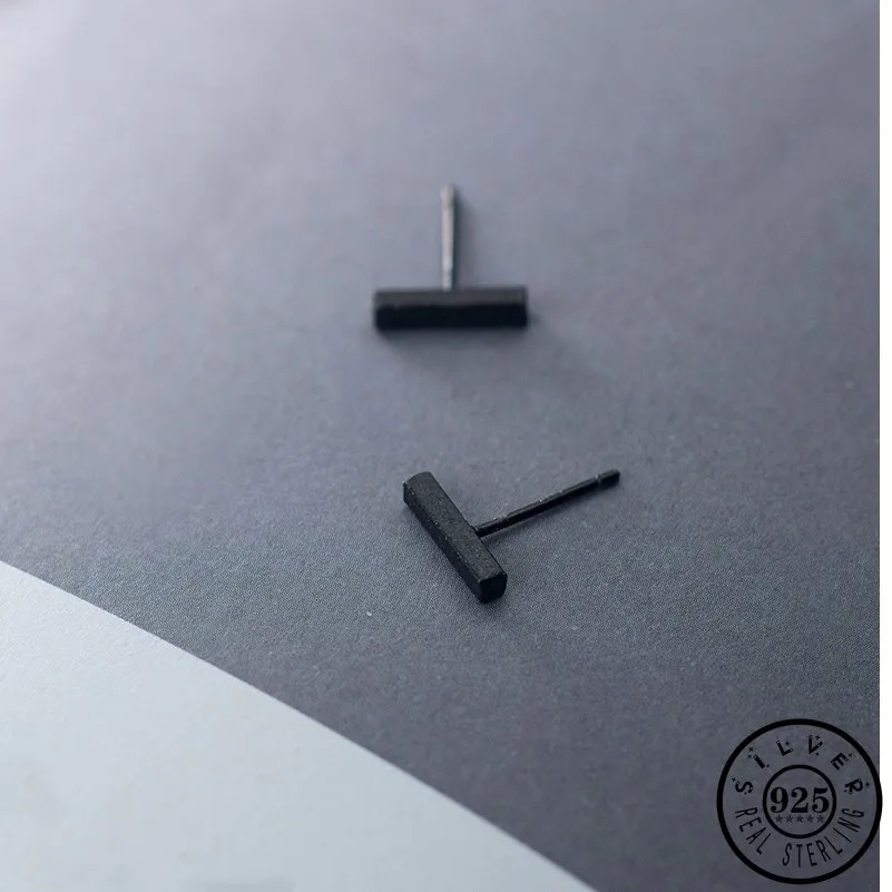 

925 Sterling Silver Small Geometric Rectangle Shape Earings Black Color Ear Studs Earrings Fine Jewelry for Women Girls Lady