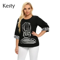 kesty womens plus size spring top with elastic band sequins printed cartoon pattern 34 sleeve womens casual top