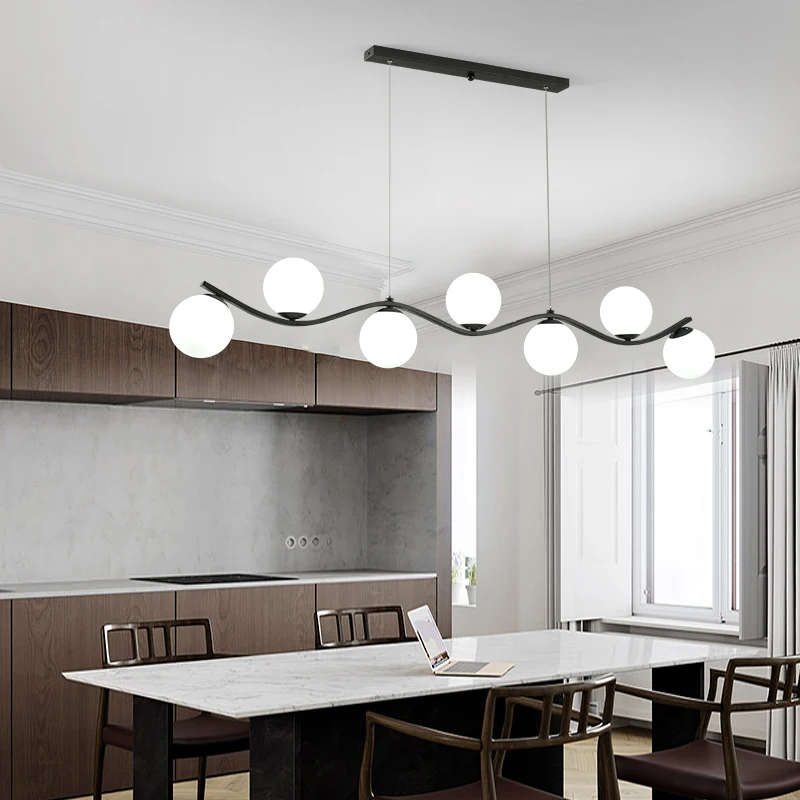 Beste Moderne Eenvoudige Frosted Glas Bal Led Zwarte Kroonluchter Nordic Lange Hanglamp Voor Restaurant, Bar, Cafe, Kantoor Opknoping Licht
