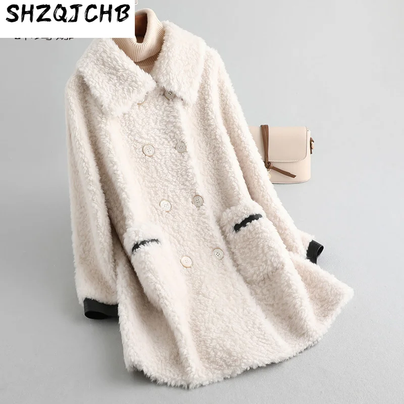 

SHZQ зимнее новое пальто из гранулированной шерсти, женское среднее и длинное Композитное меховое шерстяное пальто