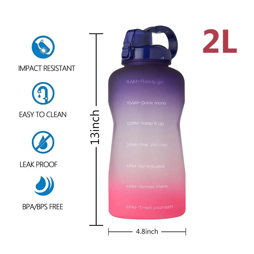 

2L Gallon Water Bottle With Straw Clear Plastic Drinking Bottles Motivational GYM Jugs BPA Free Sports Cup Camping Hiking Travel