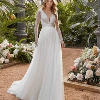 bohemian wedding dress 2021 long sleeve floor length backless lace elegant sweep train robe de mariee pleat princess beach