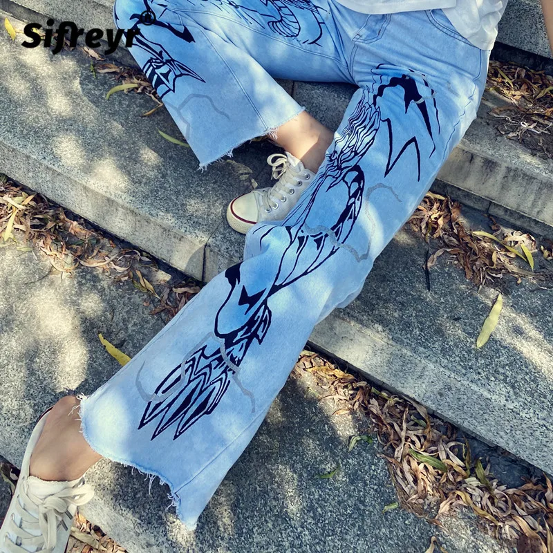 

Sifreyr Casual Printed Wash Jeans Women Long Trousers Harajuku Fashion Y2k Straight Baggy Pants Femme Streetwear Loose Denim 90s