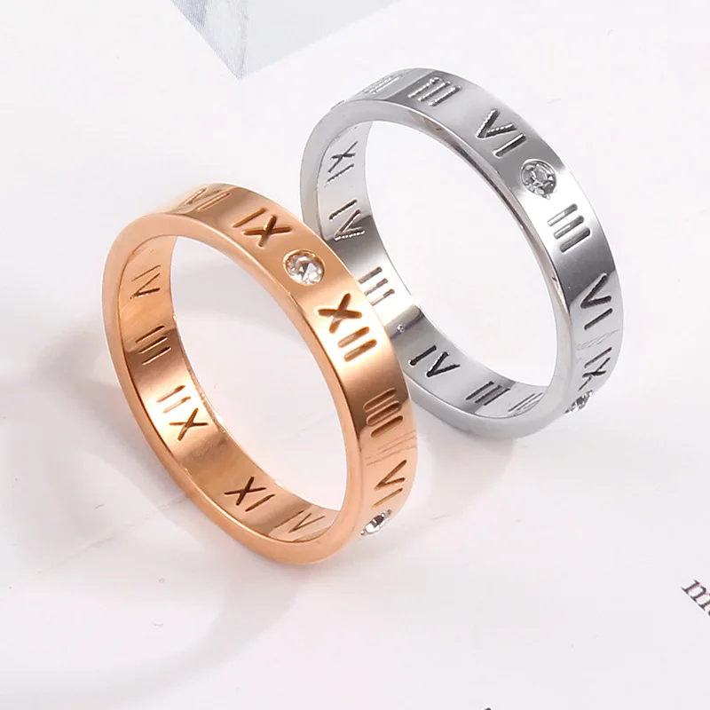 

Explosive 4mm 18K Rose Gold Titanium Steel Roman Numeral Ring Diamond Hollow Couple Men and Women Letter Ring