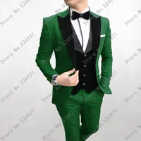 New Arrival Groomsmen Peak Velvet Lapel Groom Tuxedos Green+Black Men Suits Wedding Best Man (Jacket+Pants+Bow Tie+Vest) C628