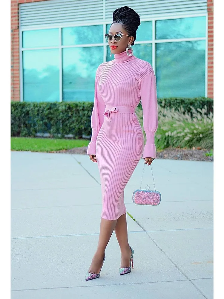 

WJFZQM Turtleneck Basic Ribbed Knitted Sweater Dress Autumn Ruffles Sleeve Sashes Midi Sexy Bodycon Winter Office Pink Dresses