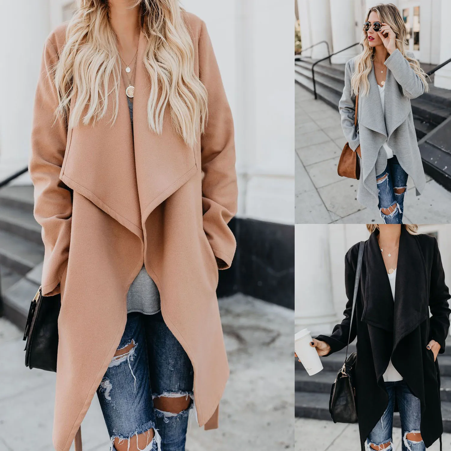 

Solid color versatile windbreaker coat 2021 winter women's cardigan large lapel wool coat