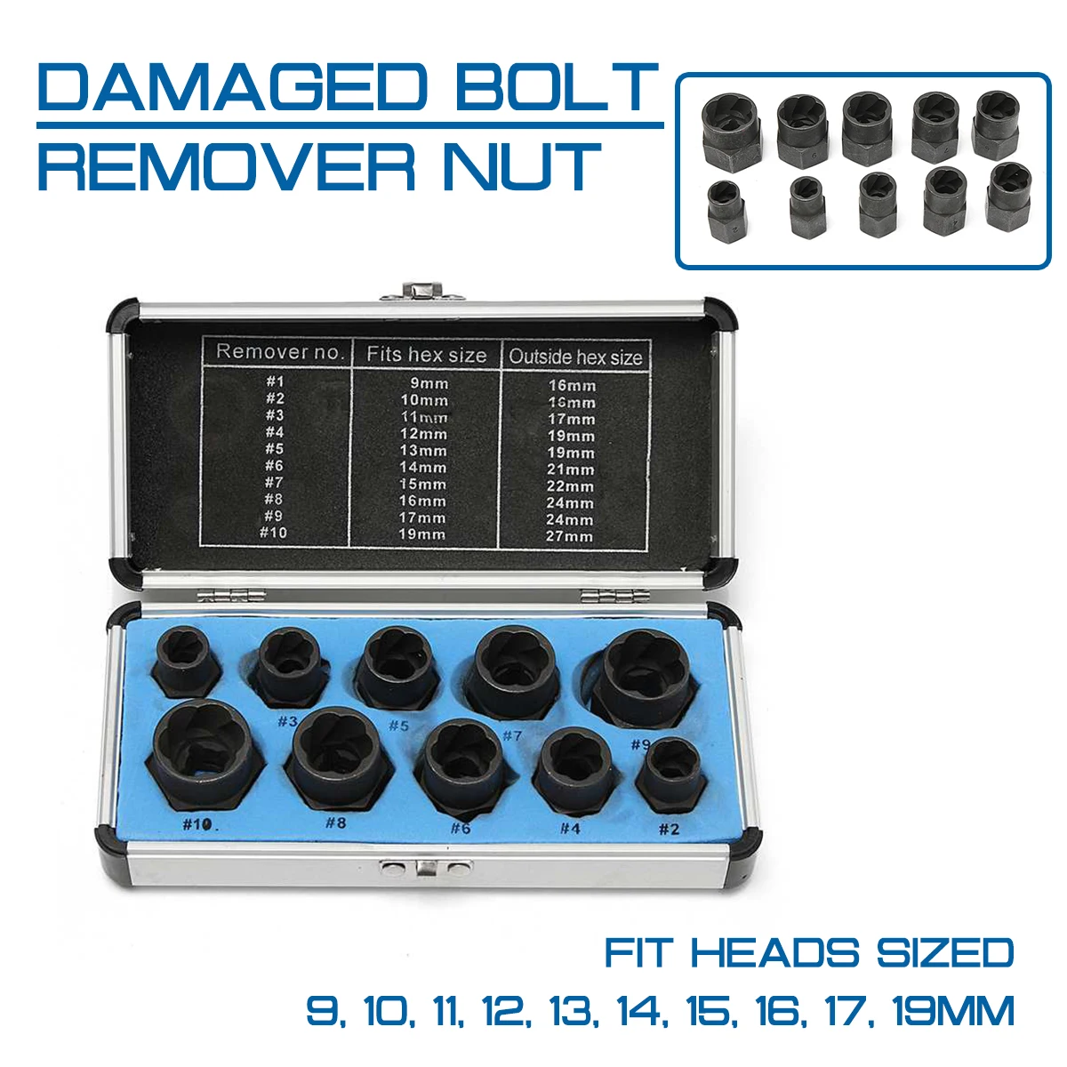 

10 pcs/set Damaged Bolt Nut Screw Remover Extractor Removal Set Threading Hand Tools Kit Nut Removal Socket Tool With Box Cased