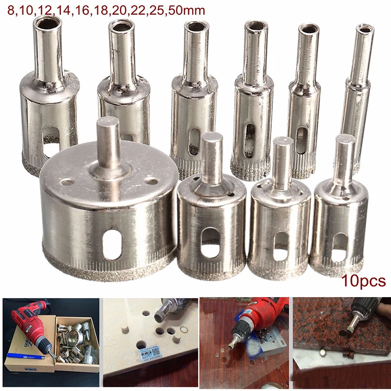 

10pcs Creative Diamond Coated Hole Saw Drill Bit Tool Set 8/10/12/14/16/18/20/22/25/50mm For Tile Ceramic Marble Glass