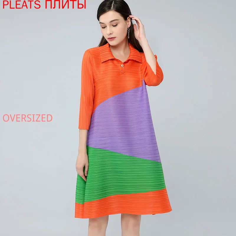 

Pleated Design Dress Women's Spring Autumn MIYAKE Fashionable Shirt Collar Splicing Color Contrast Loose Large Size Vestido