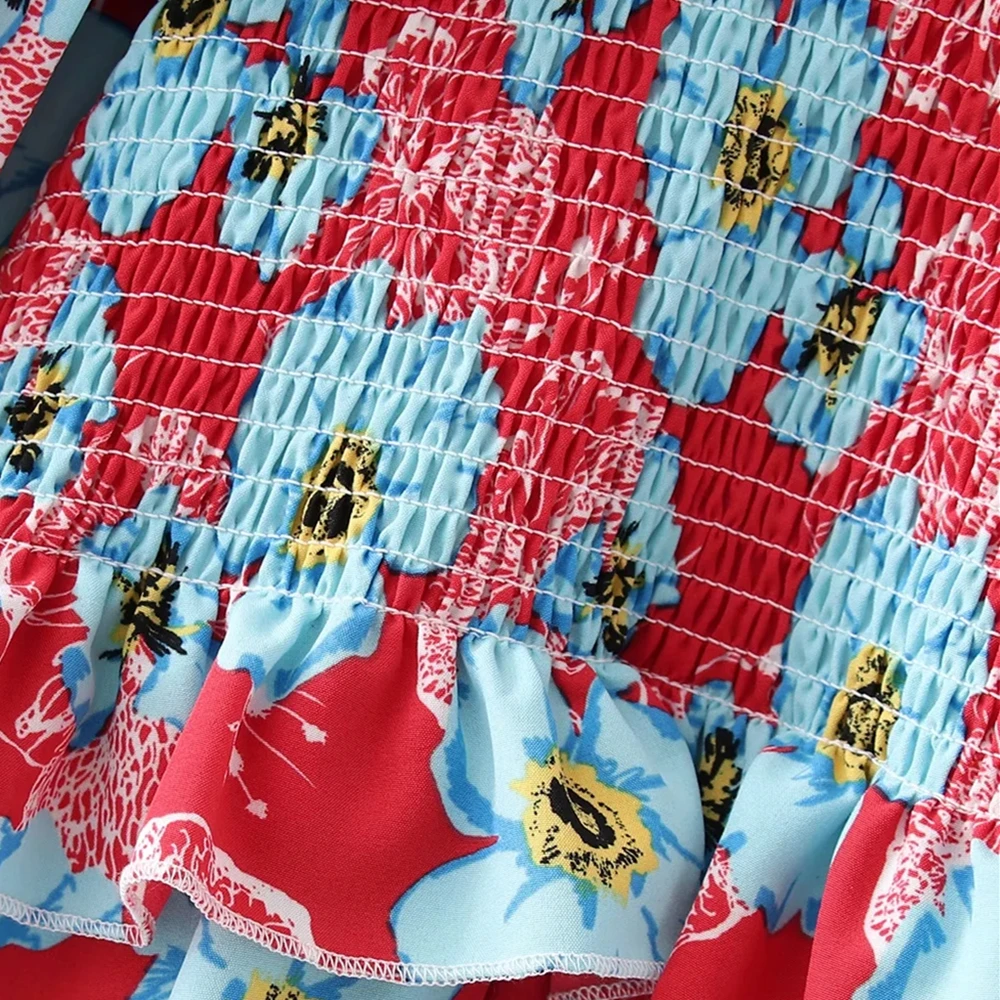 

Women Short Dress 2021 Summer Vintage Printed O Neck Mini Ruched Dress Woman Elegant Long Sleeve Elasticity Casual Chic Dresses