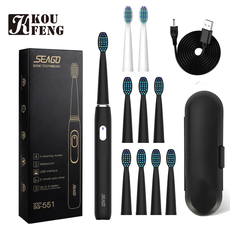 

Seago Sonic Rechargeable Electric Toothbrush with 3 Replacement Brush Heads 2 Minutes Timer & 4 Brushing Modes Waterproof SG551