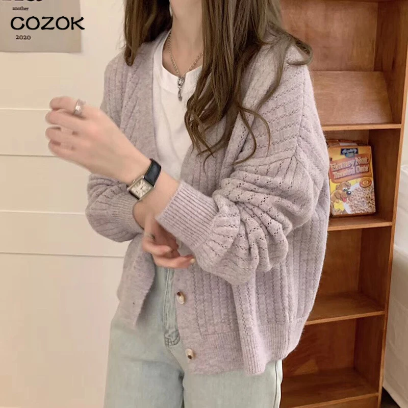 

joker Cardigan Women Autumn Winter Sweater Hollow Out Korean Fashion V-Neck Knitted Clothes Purple Long Sleeve Soft Outwears