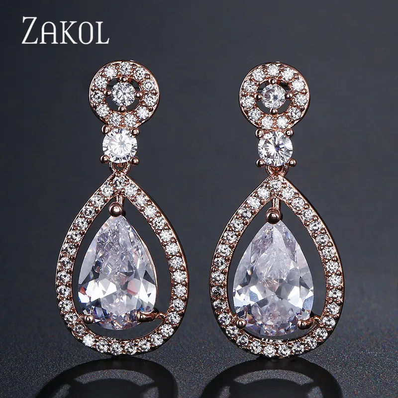 Rose Gold Color ZAKOL, модные серьги в виде капель воды с кристаллами, кубический циркон, большие серьги для женщин, букле D'oreille Pendientes Mujer FSEP2132 - Окраска металла: Rose Gold Color