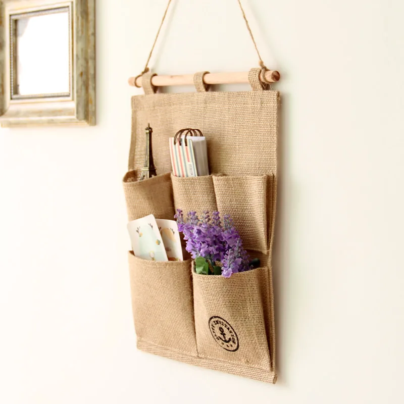 

Home Fabric Jute Five-Grid Anchor Pattern Hanging Bag Sundries Buggy Bag
