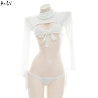 anilv womens virgin killer white knitted swimsuit costume summer beach high collar pullover swimwear pool party cosplay