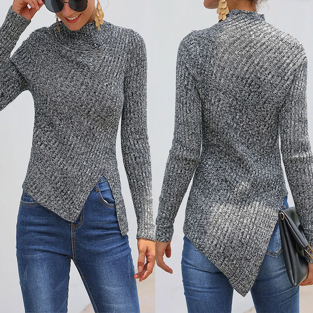 Женский свитер с разрезом круглый воротник длинный рукав толстый повседневные