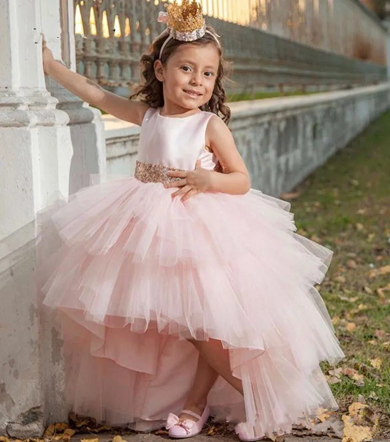 New Puffy Tulle High Low Princess Dress Sequined Bow Belt Tiered Kids Pageant Gowns O-Neck Flower Girl Dress