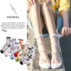 Носки женские ультратонкие прозрачные шелковые, короткие носки в стиле Харадзюку, уличная одежда, дышащие короткие носки с принтом мультяшного кота, летние