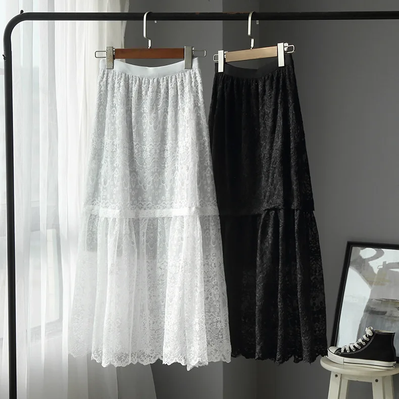 

high waist long black white lace skirt retro-style solid color