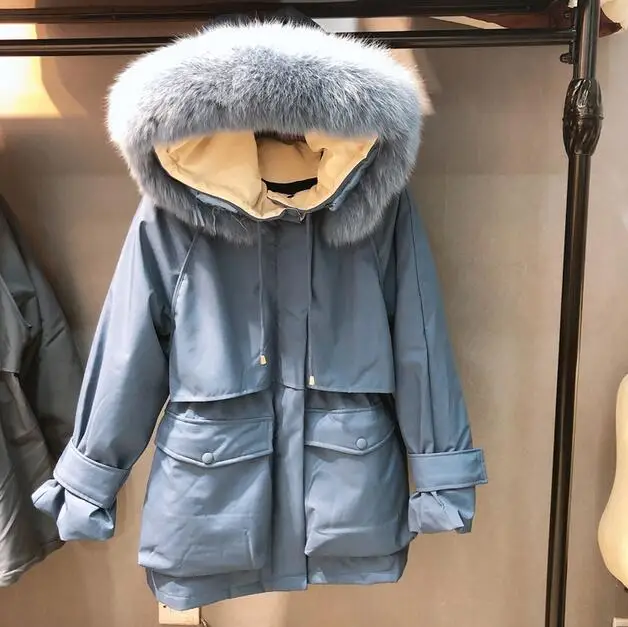 blue Зимнее пальто с натуральным лисьим мехом, Женская длинная пуховая парка плюс размера, верхняя одежда с капюшоном, пуховик на белом утином пуху, Женская Толстая теплая куртка - Color: blue