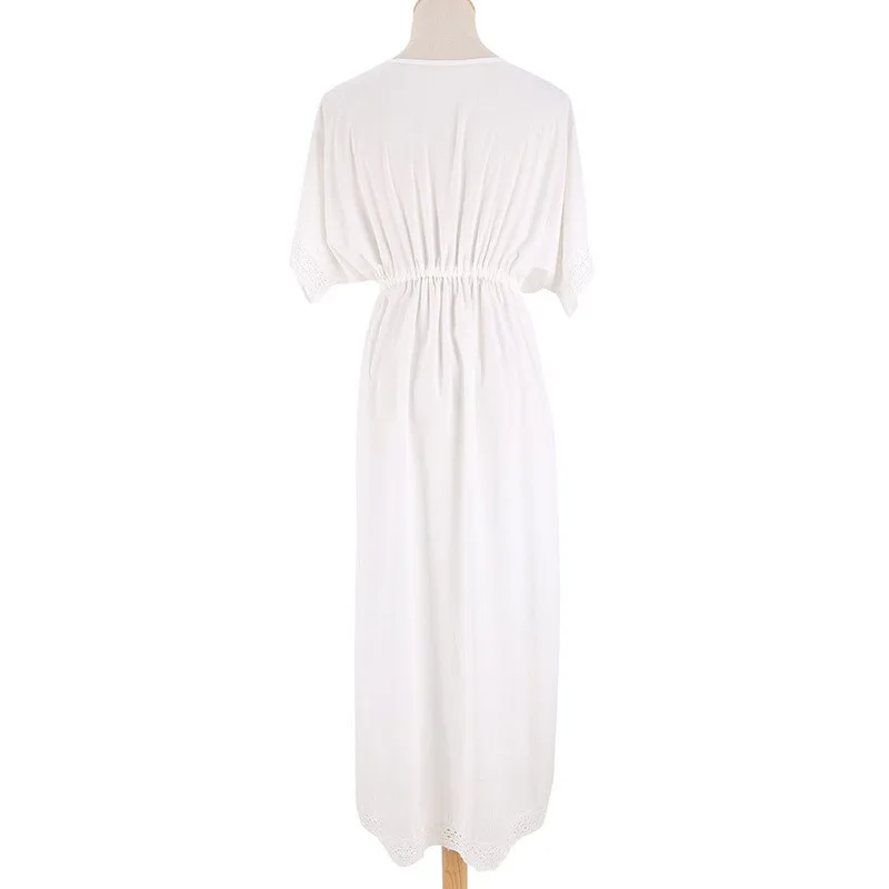 

2021 New Women Bikini Cover Up Lace Splicing Plus size Beach Kaftan Long Robe de Plage Beach Dress Tunic white cotton Beachwear