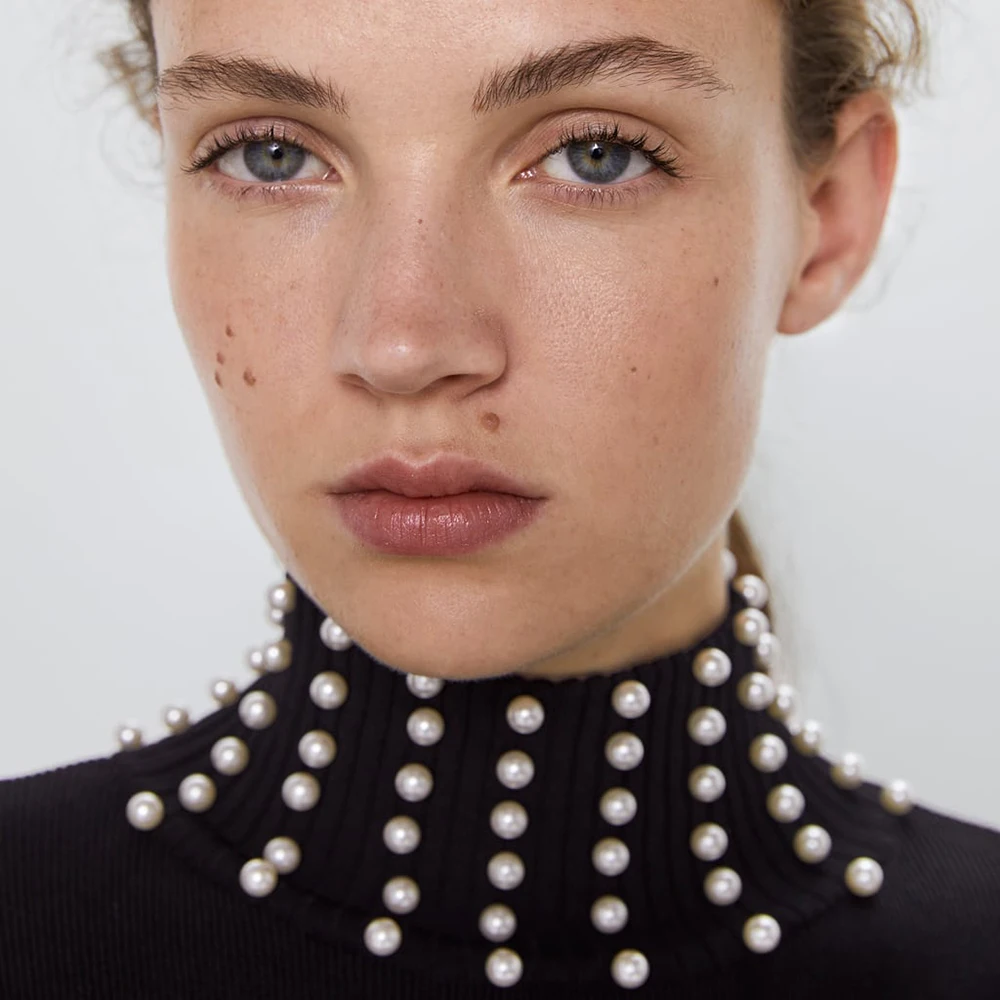Ladyfirsy ZA женское вязаное платье с искусственным жемчугом Осень-зима 2019 теплое